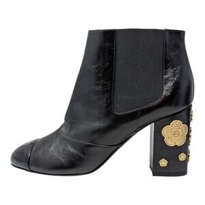 NEW Chanel 2016 Chelsea Ankle Boot Gold Camellia Interlocking CC Logo Black 42